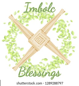 Imbolc Blessings. Beginning of spring pagan holiday. Brigid's Cross in a wreath of green leaves svg