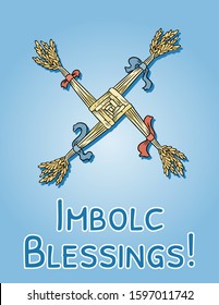 Imbolc Blessings beginning of spring pagan holiday postcard. Brigid's Cross symbol. Vector banner svg