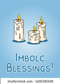 Imbolc Blessings beginning of spring pagan holiday postcard. White candles symbol. Vector banner