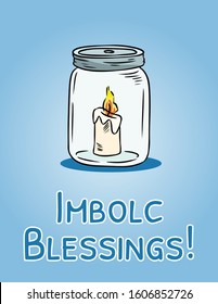 Imbolc Blessings beginning of spring pagan holiday postcard. White candle in mason jar symbol. Vector flyer
