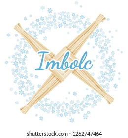 Imbolc Brigid's Cross sign. Beginning of spring pagan holiday in a wreath of snowflakes. Vector postcard