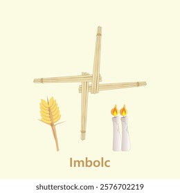 Imbolc festival. Saint Brigid's cross, Imbolc celebration tradition in Ireland. Handmade straw knot decoration. Vector illustration. Wheat Grain and candles. 