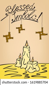 imbolc greeting card: three candles on the table, three Brigid crosses and lettering Blessed Imbolc svg
