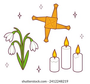 Imbolc symbols doodle set, pagan spring holiday. Saint Brigid's cross, snowdrop flowers, white candles. Vector illustration, simple drawing.  svg