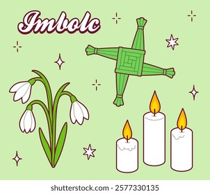 Imbolc symbols doodle set, pagan spring holiday. Saint Brigid's cross, snowdrop flowers, white candles. Vector illustration, simple drawing. 