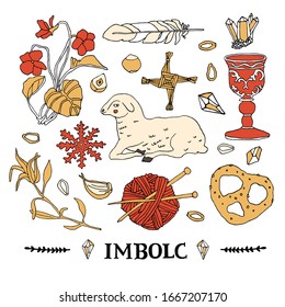 Imbolc symbols set. Celtic calendar concept. Wiccan and witchcraft elements, hand written lettering. Brigid Cross, sheep and medival goblet svg