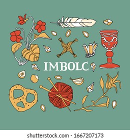Imbolc symbols set. Celtic calendar concept. Wiccan and witchcraft elements, hand written lettering. Brigid Cross, knitting and medival goblet svg