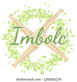 Imbolc Vlessings. Beginning of spring pagan holiday. Brigid's Cross in a wreath of green leaves