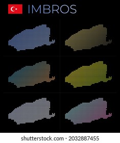 Conjunto de mapas con puntos de los Imbros. Mapa de Imbros en estilo punteado. Las fronteras de la isla están llenas de hermosos círculos de gradientes lisos. Hermosa ilustración vectorial.