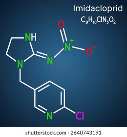 Imidacloprid molecule. Neonicotinoid insecticide used in agriculture and pest control. Dark blue background. Vector illustration