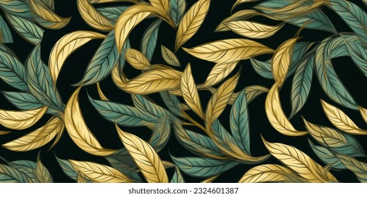 imitate an embroidered pattern, seamless pattern of large and small leaves, gold and light green color, ink art line .