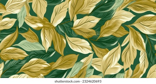 imitate an embroidered pattern, seamless pattern of large and small leaves, gold and light green color, ink art line .