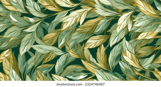 imitate an embroidered pattern, seamless pattern of large and small leaves, gold and light green color, ink art line .