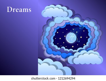  imitating paper art and craft style; starry sky appears through layers of of stylized clouds, shooting star. Vector Illustration