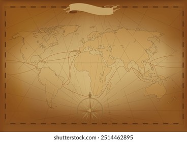 imitation of an ancient world map with wind rose and trade routes in beige and brown tones