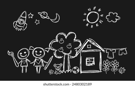 Imitación del dibujo de un niño con tiza blanca en una pizarra negra. Familia, casa, sol, flores, cohete volando a las estrellas y más. Garabatos y Garabatos. Ilustración vectorial