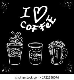 Imitation of a drawing on a chalk board. The inscription I love coffee. Three glasses of paper, plastic and glass with a drink, straw and marshmallows. Black background and white lines.