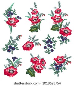 Imitation of embroidery. Isolated floral elements on white background.