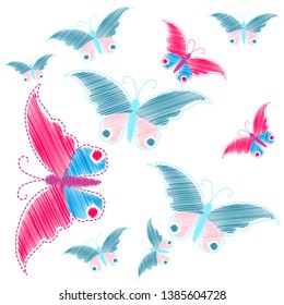 Imitation embroidery. Pattern of embroidered butterflies 