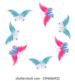 Imitation embroidery. Pattern of embroidered butterflies  