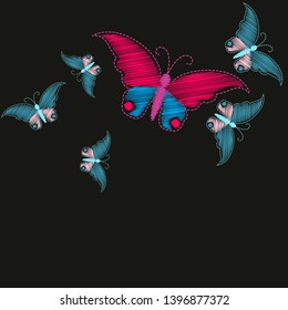 Imitation embroidery. Pattern of embroidered butterflies  