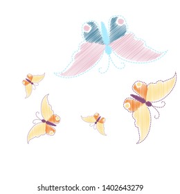 Imitation embroidery. Pattern of embroidered butterflies