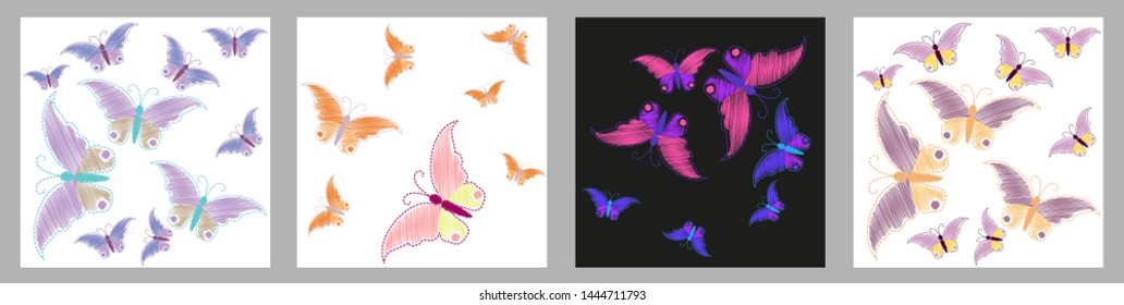 Imitation embroidery. Pattern of embroidered butterflies
