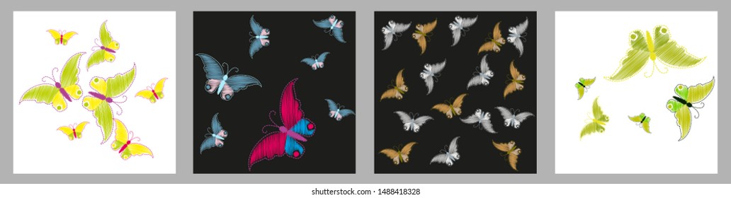 Imitation embroidery. Pattern of embroidered butterflies  
