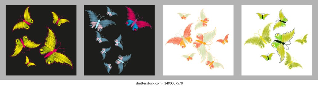 Imitation embroidery. Pattern of embroidered butterflies  