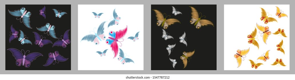 Imitation embroidery. Pattern of embroidered butterflies