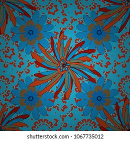Imitation embroidery. Vector textile print template fashion paisley field wallpaper art. Seamless pattern of flowers in a blue, red and orange colors.