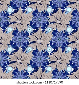 Imitation embroidery. Vector textile print template fashion paisley field wallpaper art. Seamless pattern of flowers in a gray, black and blue colors.