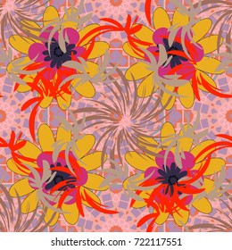 Imitation embroidery. Vector textile print template fashion paisley field wallpaper art. Seamless pattern of flowers in a yellow, pink and neutral colors.