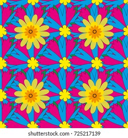 Imitation embroidery. Vector textile print template fashion paisley field wallpaper art. Seamless pattern of flowers in a blue, magenta and yellow colors.