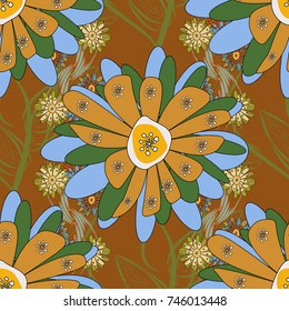 Imitation embroidery. Vector textile print template fashion paisley field wallpaper art. Seamless pattern of flowers in a green, brown and yellow colors.