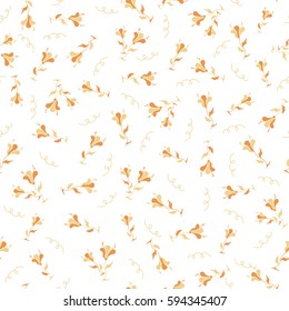 Imitation embroidery. Vintage seamless pattern a lot of flowers on white background in beige and orange colors. Vector illustration. Hand drawn, separated editable elements.