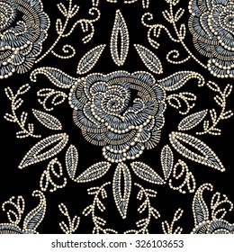 Imitation flower embroidery with beads and thread. Seamless pattern