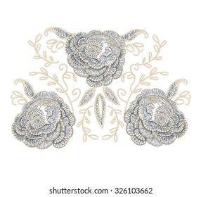 Imitation flower embroidery with beads and thread on a white background