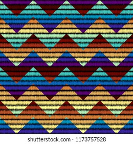 Imitation of geometric embroidery pattern. Colored lines on a black background. Ethnic and tribal motifs. Seamless vector background in the bohemian style.