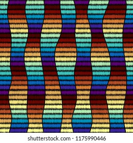 Imitation of geometric embroidery pattern. Colored lines on a black background. Ethnic and tribal motifs. Seamless vector background in the bohemian style.