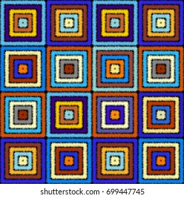 Imitation of geometric embroidery pattern. Colored lines on a black background. Ethnic and tribal motifs. Seamless vector background in the bohemian style.