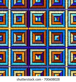 Imitation of geometric embroidery pattern. Colored lines on a black background. Ethnic and tribal motifs. Seamless vector background in the bohemian style.