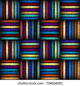 Imitation of geometric embroidery pattern. Colored lines on a black background. Ethnic and tribal motifs. Seamless vector background in the bohemian style.