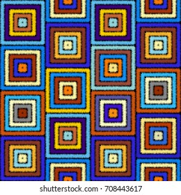 Imitation of geometric embroidery pattern. Colored lines on a black background. Ethnic and tribal motifs. Seamless vector background in the bohemian style.