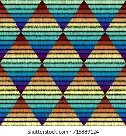 Imitation of geometric embroidery pattern. Colored lines on a black background. Ethnic and tribal motifs. Seamless vector background in the bohemian style.