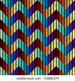 Imitation of geometric embroidery pattern. Colored lines on a black background. Ethnic and tribal motifs. Seamless vector background in the bohemian style.