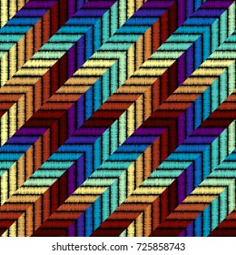 Imitation of geometric embroidery pattern. Colored lines on a black background. Ethnic and tribal motifs. Seamless vector background in the bohemian style.