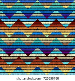 Imitation of geometric embroidery pattern. Colored lines on a black background. Ethnic and tribal motifs. Seamless vector background in the bohemian style.
