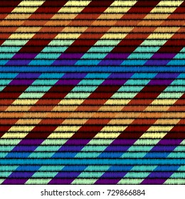 Imitation of geometric embroidery pattern. Colored lines on a black background. Ethnic and tribal motifs. Seamless vector background in the bohemian style.