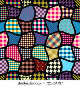 Imitation of geometric patchwork pattern. Interweaving ribbons on black background. Seamless vector pattern.